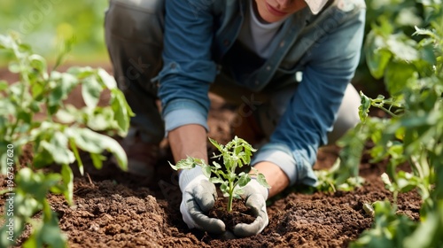 Gardener Plants Tomatoes in Field During Daytime in Summer Season in Rural Area