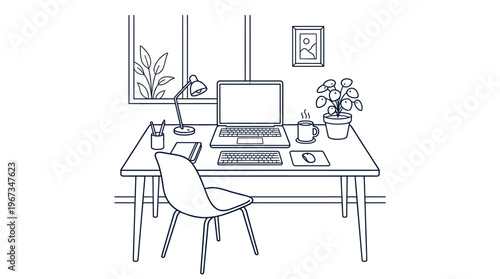 Organized Modern Home Office Workspace Outline Drawing with Laptop, Monitor, and Desk Setup, depicting a productive remote work environment in a bright studio.