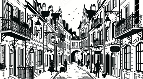 Detailed European Old Town Street Scene Line Art with Historical Buildings, Balconies, Streetlights, and People Walking, depicting lively urban life.