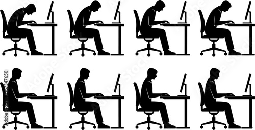 Silhouettes of office workers at desks, poor and proper posture comparison, ergonomic sitting positions, computer monitor use, workplace health illustration