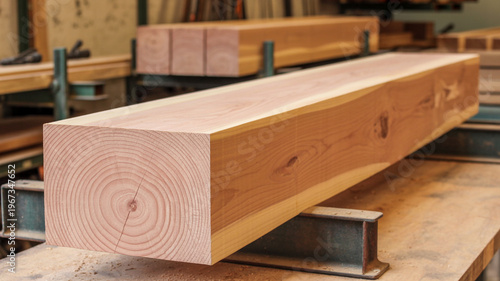 Large Rectangular Wooden Beam with Visible Growth Rings in Workshop Setting Keywords: wood, beam, lumber, timber, woodworking, carpentry, material, construction
