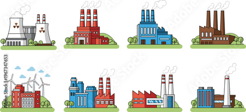 Industrial power plants and factory buildings collection with smokestacks, energy production facilities, manufacturing industry icons, flat vector infrastructure illustration set