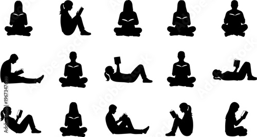 Silhouettes of people reading books, seated and reclined positions, casual lifestyle illustration, relaxed posture artwork, modern design concept, everyday activity scene