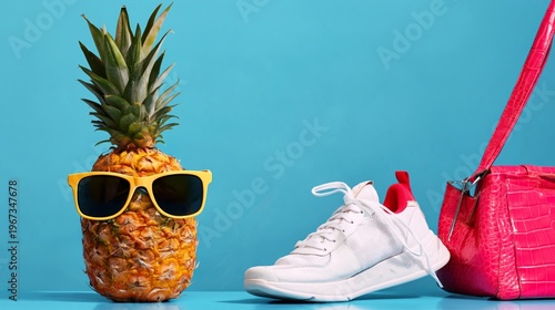 Pineapple Wearing Sunglasses Next to a Sneaker and a Handbag on a Bright Blue...