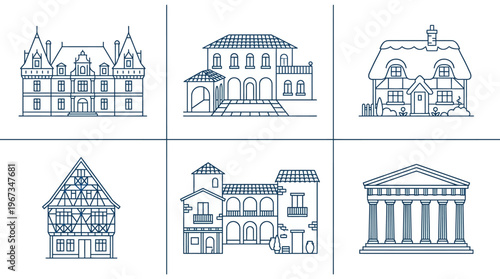 Diverse Architectural Building Styles Outline Icon Set, including Traditional, Neoclassical, and Modern Houses, on an isolated white background, showcasing varied property designs.