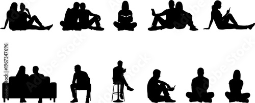 Silhouettes of people sitting in various positions, casual relaxed postures, reading books, using phones, everyday lifestyle illustration, modern design concept