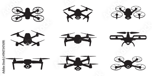 Collection of black drone silhouette icons showcasing diverse unmanned aerial vehicle models for photography