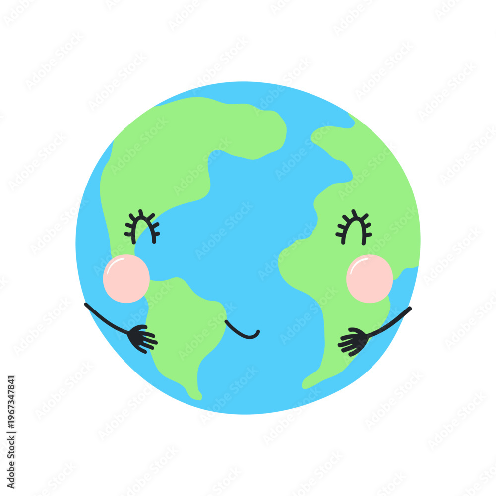 Obraz premium Planet Earth with cute face illustration isolated. Cartoon character. Earth hour, day, environmental protection awareness, nature preservation. Hand drawn flat vector, space design element, clip art