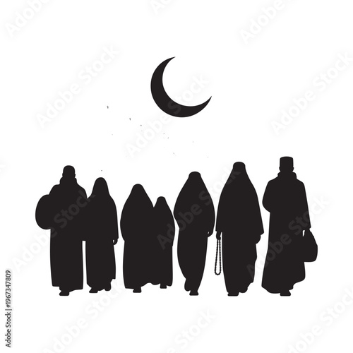 Silhouette of figures in traditional clothing with a crescent moon above