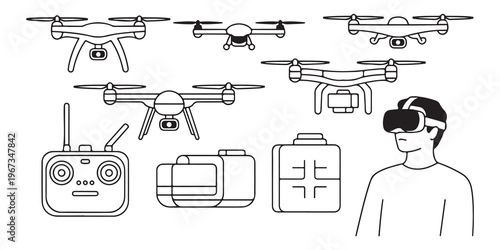 Linear drone equipment set featuring various quadcopter models controller vr goggles and storage cases design