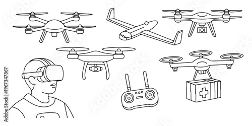 Set of various line art illustrations of drones, remote controls, and virtual reality headsets