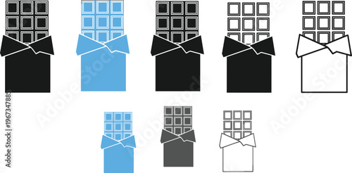 Chocolate Bar Vector Icon Set Featuring Opened Wrappers for Sweet Confectionery Dessert Shops Candy Stores Snacks and Food Industry Branding Graphic Illustrations
