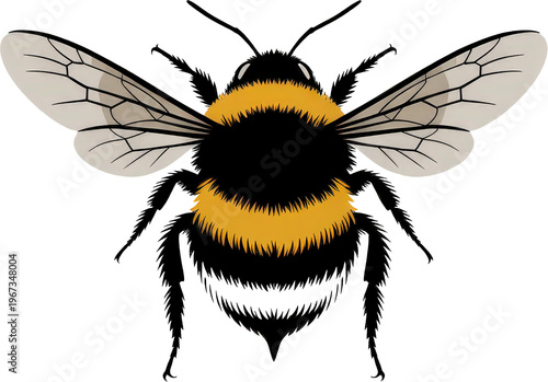 A detailed illustration of a black and yellow striped bumblebee in flight isolated on transparent background