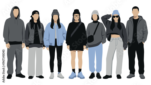 Diverse group of young people in urban street fashion style.