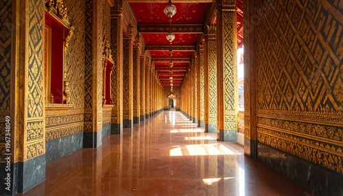 Long ornate corridor with red ceiling and patterned walls