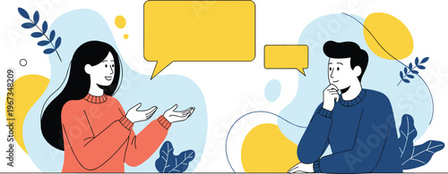 Vector illustration of a man and woman having a conversation with empty speech bubbles and abstract background elements