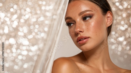 Model Poses With Makeup in Studio Setting During Photoshoot for Beauty Campai...