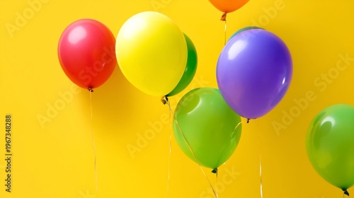 Colorful Balloons Float Against a Bright Yellow Background in a Festive Displ...