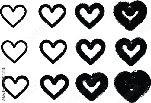 A collection of 12 hand drawn hearts in various shades of black and white