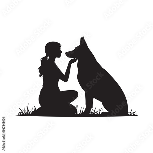 A silhouette of a woman and her german shepherd sharing a tender moment