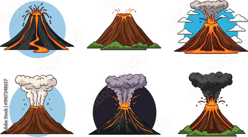 Cartoon Volcano Eruption Set with Lava Flow, Ash Clouds, and Explosive Mountain Scenes for Natural Disaster, Geology Education, and Environmental Illustration Design Projects.