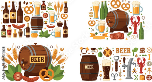 Beer Elements Collection with Brewery Barrel Mug Bottles Hops Pretzel and Oktoberfest Symbols in Flat Style for Festival Design and Craft Beer Illustration Projects.