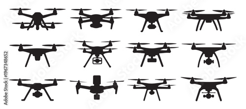 Set of black drone silhouettes icon vector illustration collection for modern technology and remote aircraft