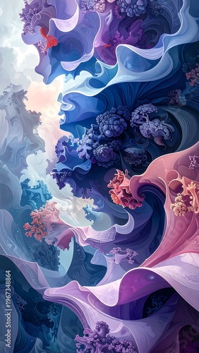 A whimsical, artistic rendering of flowing, stylized forms in shades of blue, purple, and pink, evocative of ocean waves and corals