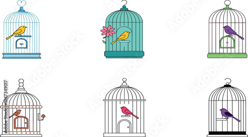 Bird Cage Illustration Set with Cute Birds Decorative Cages Vintage and Modern Styles Colorful and Outline Collection for Pet Design and Vector Graphics.