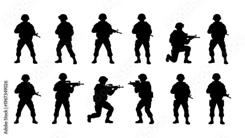 Military soldier silhouettes set, 12 tactical infantry army personnel with rifles, armed special forces squad in combat poses, black vector icons