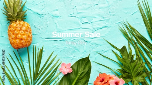 Bright Summer Sale With Tropical Plants and Fruits on a Colorful Background