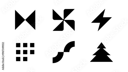 Minimalist geometric logo set, collection of 6 black abstract vector icons, modern branding symbols for corporate identity and web design