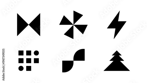 Minimalist geometric icons set, black abstract shapes on white background, 6 vector design elements for modern branding and logo creation