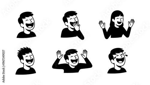 Minimalist laughing people avatars set, 6 black and white vector icons of happy characters, joyful men and women expressing laughter and amusement