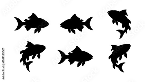 Black fish silhouette collection, set of 6 aquatic animal icons. Minimalist salmon and trout shapes for fishing logos and nature design.