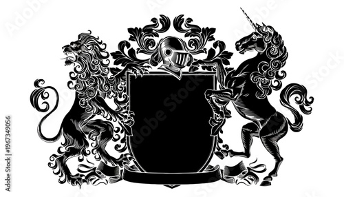 A black and white illustration of a coat of arms with lion and unicorn