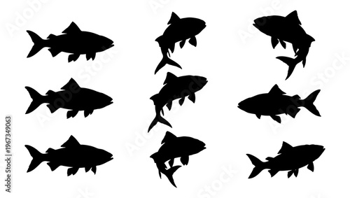 Black fish silhouettes set, 9 salmon and trout vector elements, isolated aquatic animal shapes for fishing logos and nature designs