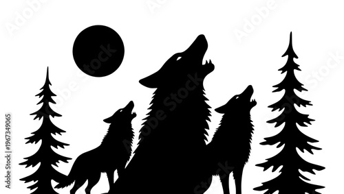 Black wolf silhouette howling at the moon, wild wolf pack in pine forest, nocturnal animal vector illustration for outdoor adventure branding