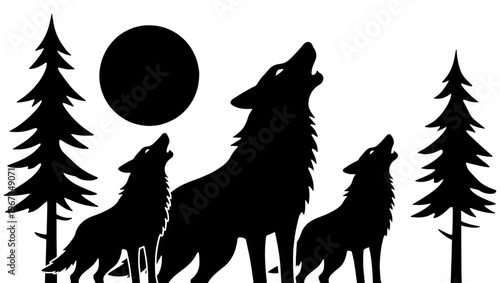 Wolf pack howling at the moon silhouette, wild predator animals in forest landscape, black and white vector illustration for outdoor adventure design