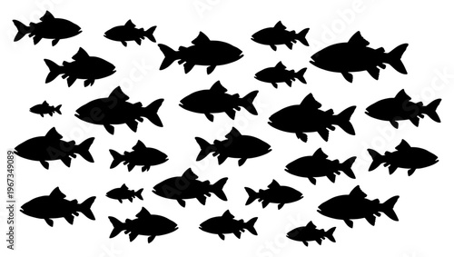 Black fish silhouette collection, school of fish swimming vector set, aquatic animal shapes for fishing and marine design