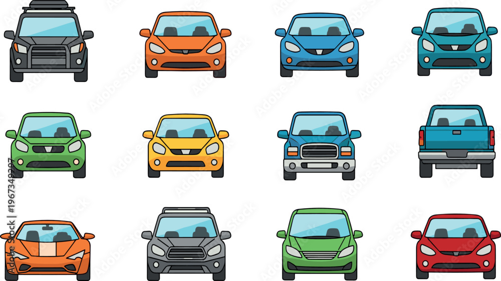 Obraz premium Car Front View Illustration Set with Various Vehicles Sedan SUV Pickup and Hatchback Colorful Automobile Collection for Transport Design and Automotive Vector Graphics.