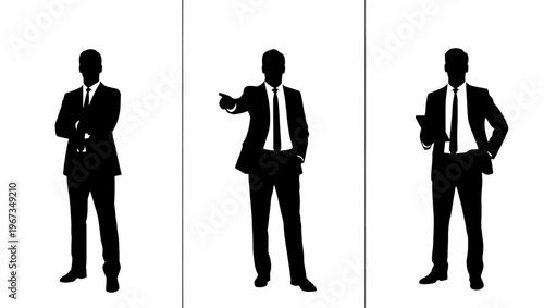 Professional businessman silhouettes in suits, corporate male figures standing in various poses, executive leadership vector set for business presentations