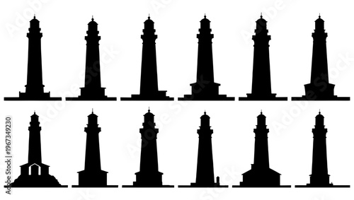 Lighthouse silhouette collection, set of 12 coastal beacon icons, black maritime tower vector elements for nautical design and travel graphics
