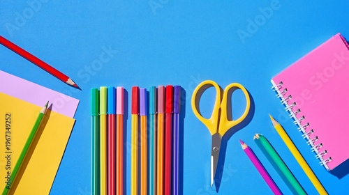 Colorful School Supplies Arranged on a Bright Blue Background for Creative Projects and Learning Activities