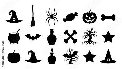 Halloween silhouette icon set, 18 spooky vector elements, black holiday symbols including pumpkins, bats, and witch hats for festive graphic design