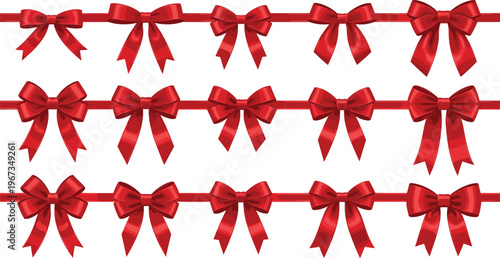 Elegant Red Gift Bow and Satin Ribbon Border Vector Set for Festive Holiday Decorations Birthday Presents Christmas Anniversary Celebration and Luxury Package Wrapping