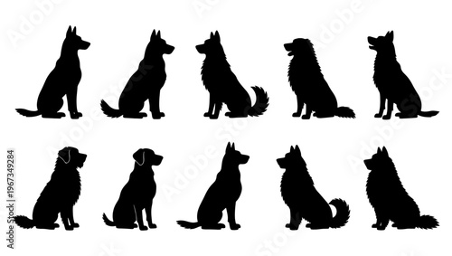 German Shepherd dog silhouettes collection, set of 10 sitting canine vector elements, black pet profile shapes for animal logos and graphic design