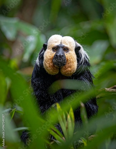 A white-faced monkey, framed by vibrant green foliage, gazes directly at the viewer. Its black fur contrasts with its pale face