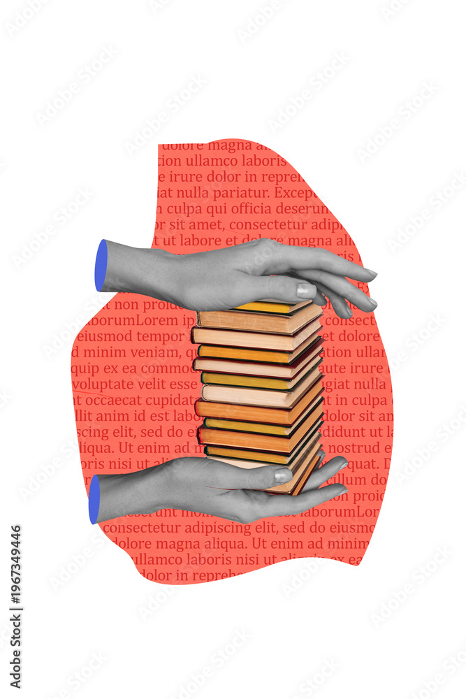 Obraz premium Vertical photo collage of hands hold book stack library education enlightenment encyclopedia reader hobby isolated on painted background