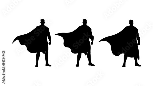 Superhero silhouette vector set, powerful male hero with flowing cape, brave comic book character standing in heroic pose, 3 black silhouettes
